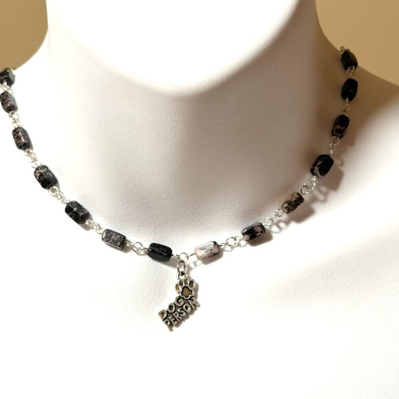 Genuine Gemstone Black Pink Rhodonite w/ Dog Person Pendant Short Necklace - Picture 2 of 15